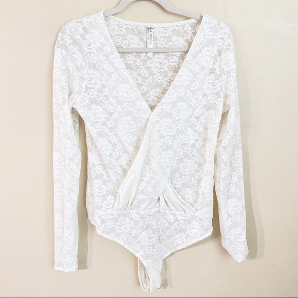 Free People Long-Sleeve Surplice Lace Bodysuit - Picture 2 of 4